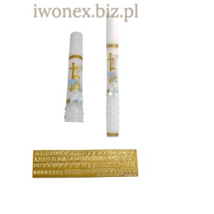 Personalizowana świeca do Chrztu z niebieskimi zdobieniami