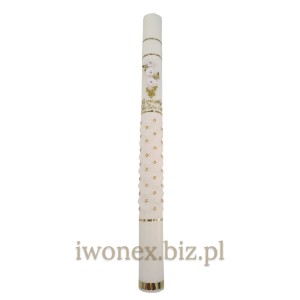 Świeca do chrztu z białymi różyczkami – elegancka i symboliczna