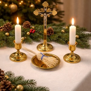 Zestaw kolędowy złoty na kolędę – miseczka, kropidło, świeczki