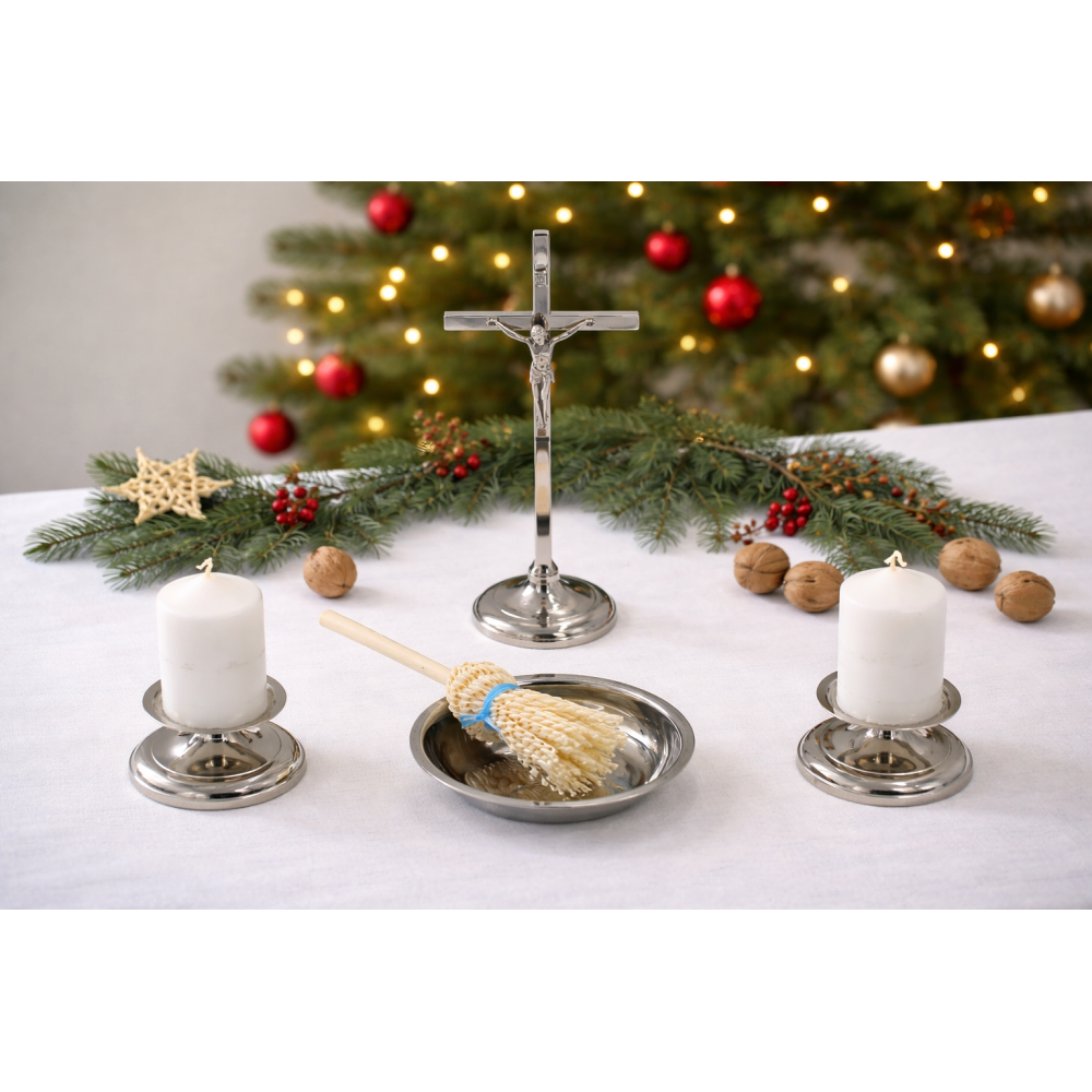 Zestaw kolędowy na kolędę – miseczka, kropidło, świeczki