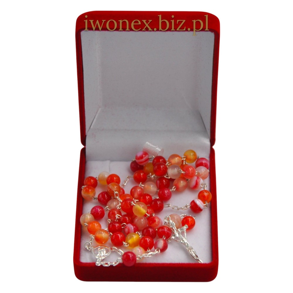 Różaniec ze srebrem z kamienia jubilerskiego agat wstęgowy jasnczerwony