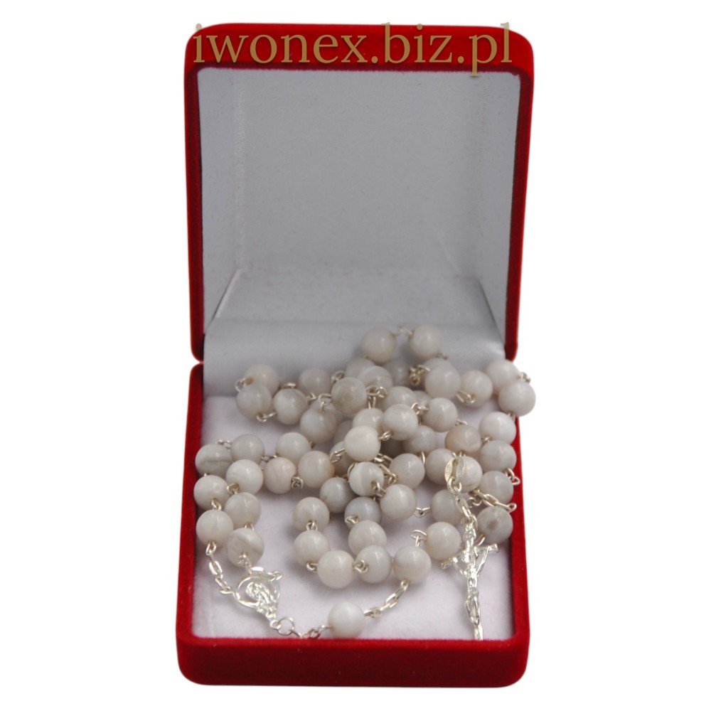 Różaniec ze srebrem z kamienia agat koronkowy biały