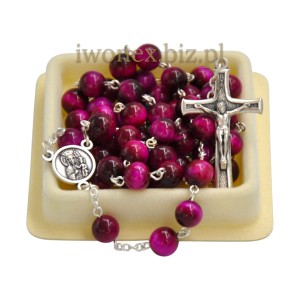Różaniec z tygrysiego oka fuksja 8 mm | iwonex