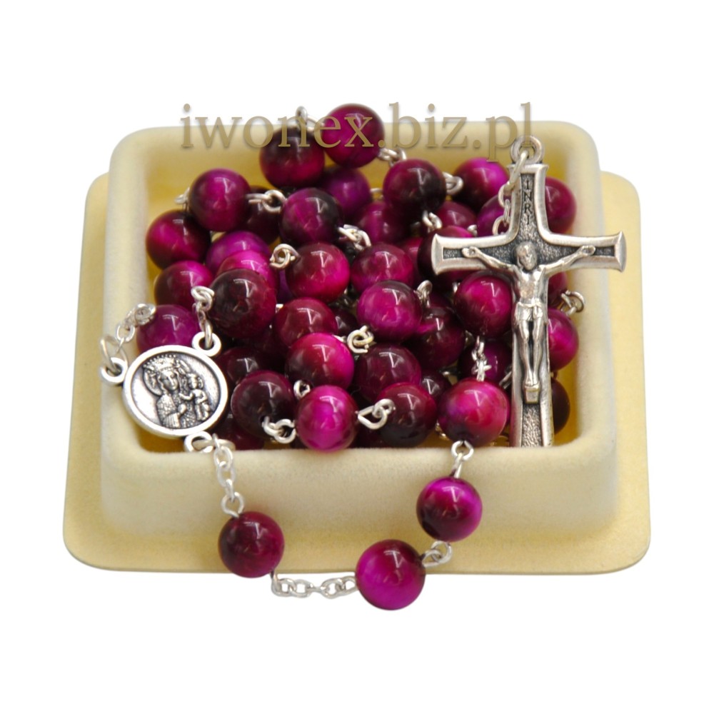 Różaniec z tygrysiego oka fuksja 8 mm | iwonex
