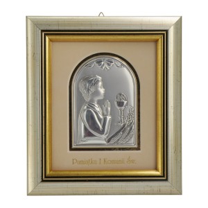 Pierwsza Komunia Święta – obrazek laminowany srebrem z wizerunkiem chłopca