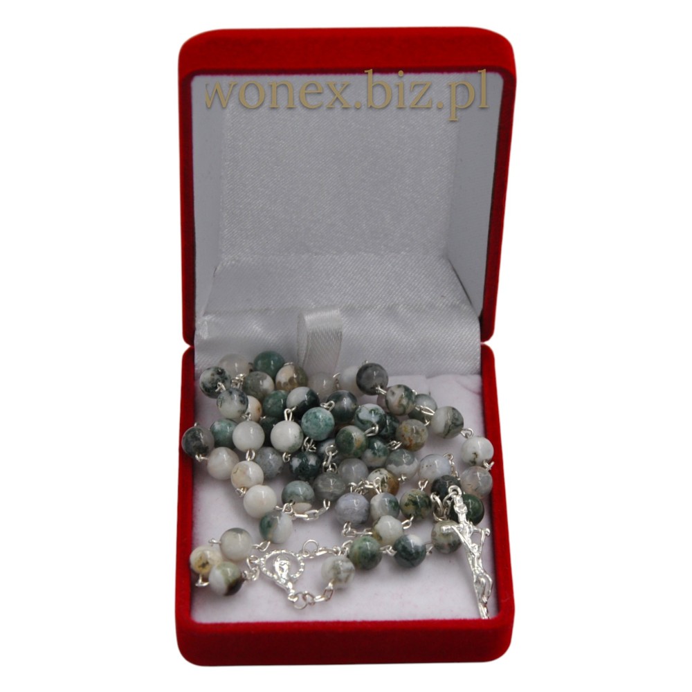 Różaniec  Srebrny z  Kamienia Agat Drzewny