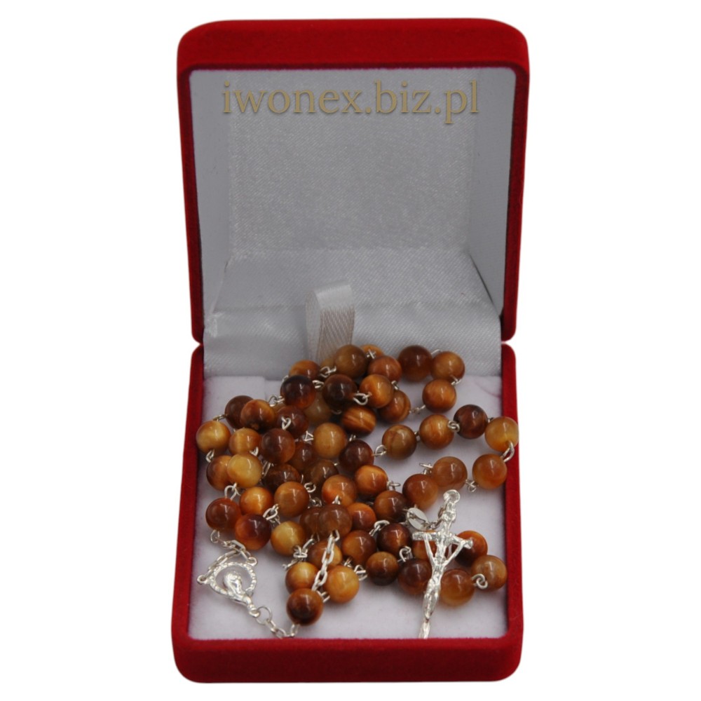 Różaniec srebrny z pomarańczowym tygrysim okiem