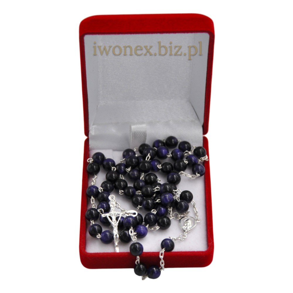 Różaniec srebrny z purpurowym tygrysim okiem