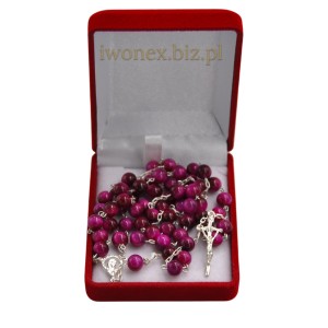 Różaniec srebrny z kamienia tygrysie oko fuksja