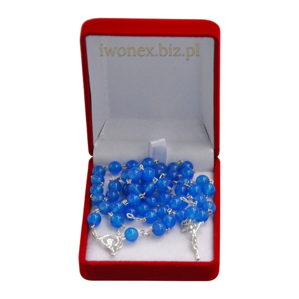 Różaniec ze srebrem – niebieski chalcedon elegancja prezent!
