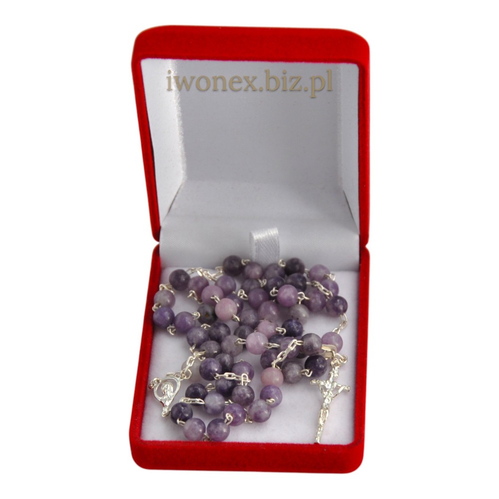 Różaniec z lepidolitu na srebrze – spokój, modlitwa .