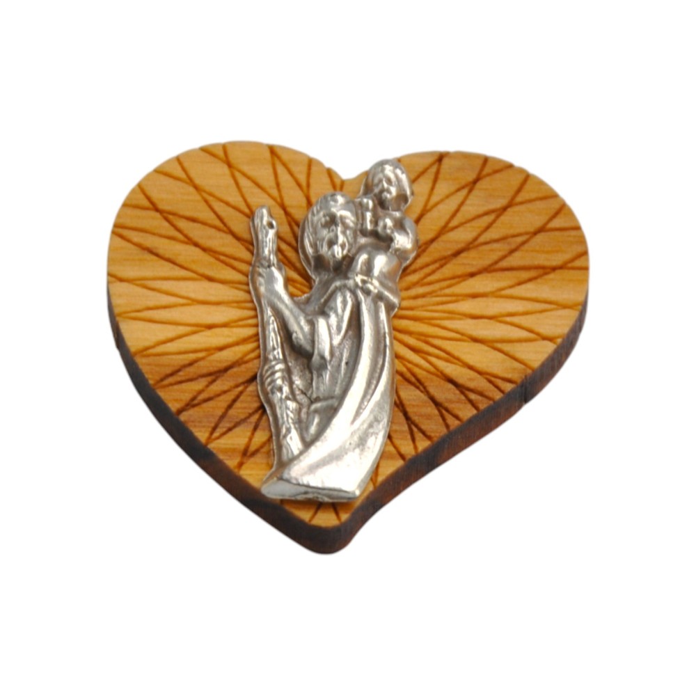 Plakietka w kształcie serca z drewna oliwnego z  wizekunkiem św. Krzysztofa