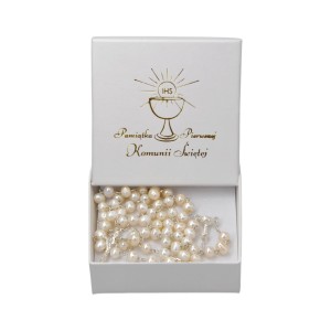 Różaniec Pierwszokomunijny Perła Słodkowodna ze srebrem próba 925+Kielich + pudełeczko