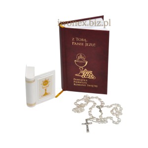 Zestaw komunijny Pamiątka I Komunii Świętej modlitewnik i różaniec w etui z motywem eucharystycznym