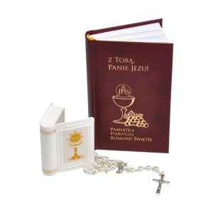 Zestaw komunijny Pamiątka I Komunii Świętej modlitewnik i różaniec w etui z motywem eucharystycznym