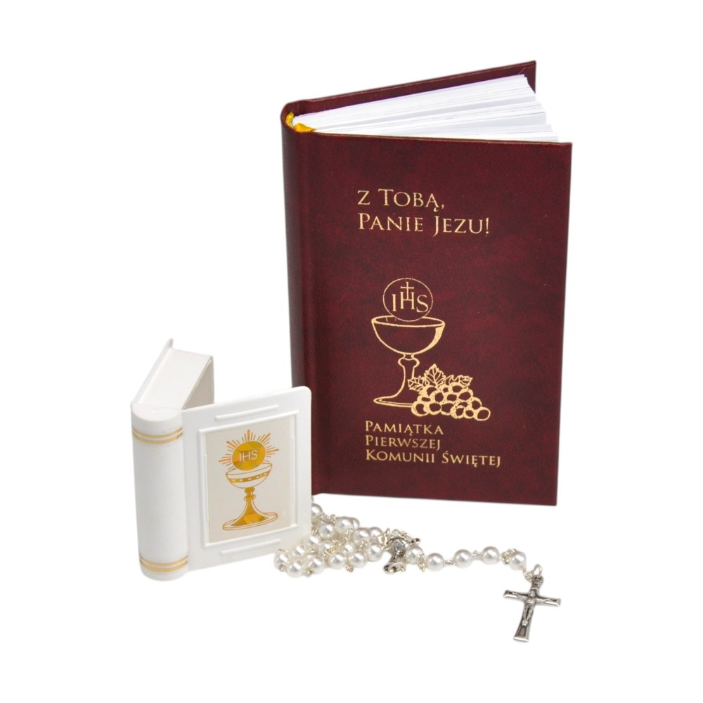 Zestaw komunijny Pamiątka I Komunii Świętej modlitewnik i różaniec w etui z motywem eucharystycznym