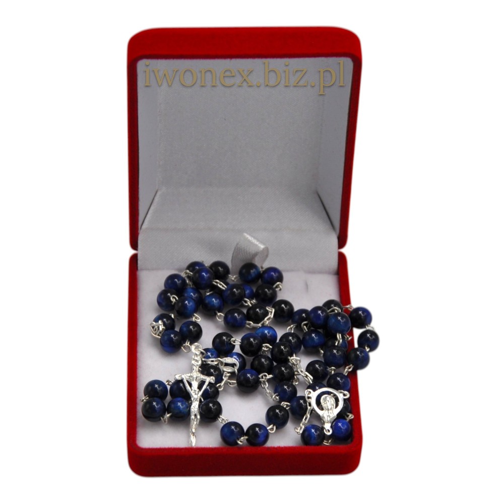 Różaniec srebrny z niebieskim tygrysim okiem – duchowy styl