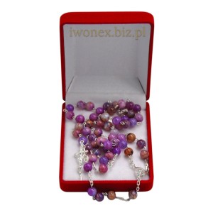 Różaniec z kamienia agat smocze żyły purpurowy ze srebrem + pudełeczko