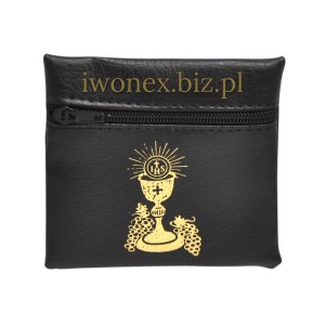 Etui na różaniec komunijne czarne  na zamek – I Komunia Święta, kielich IHS