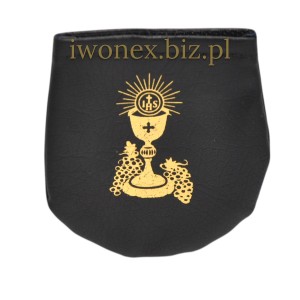Etui na różaniec komunijne czarne  na  rzep – I Komunia Święta, kielich IHS