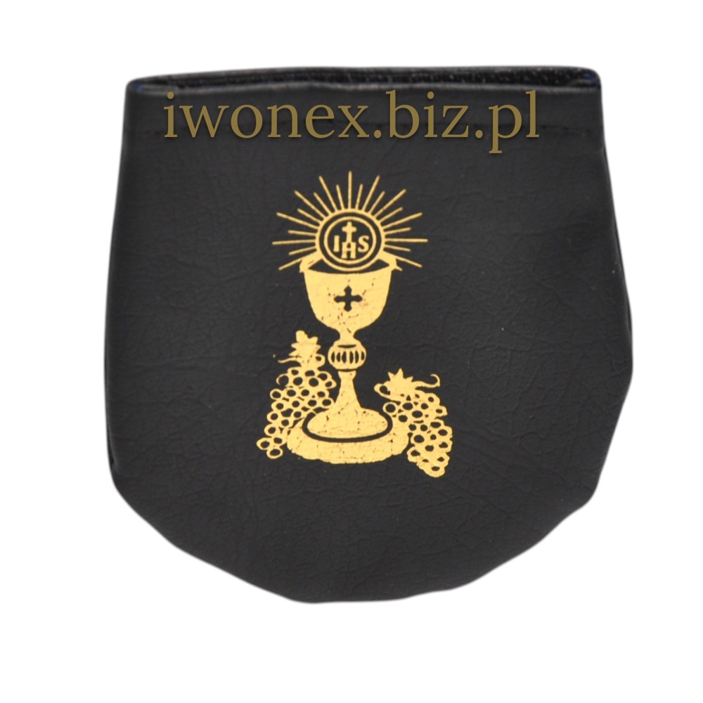 Etui na różaniec komunijne czarne  na  rzep – I Komunia Święta, kielich IHS