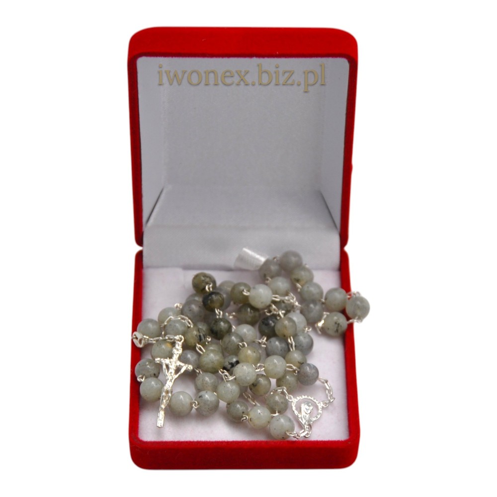 Różaniec Spektrolit Biały Srebro 925 Naturalne Kamienie Handmade Dewocjonalia Prezent Religijny