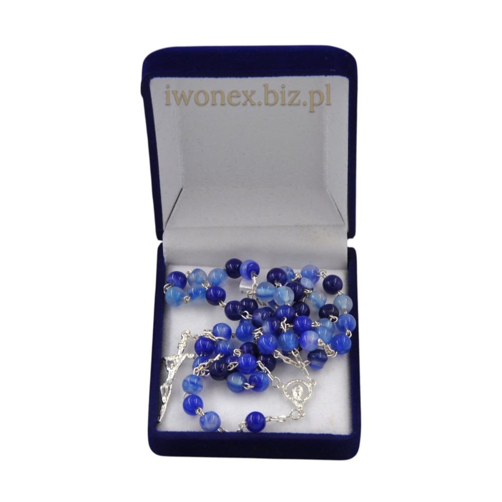 Różaniec z naturalnego niebieskiego agatu wstęgowego – elegancka pamiątka na każdą okazję
